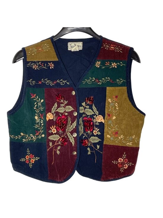 Tantrums Tops - Tantrums Vintage Y2K Velvet Corduroy Floral Embroidered Patchwork Vest Sz LG